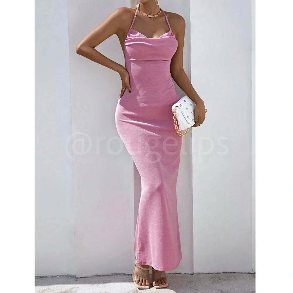 Glitter Lurex Pink Cowl Neck Backless Tie Straps Maxi Long Dress - Picture 6 of 10